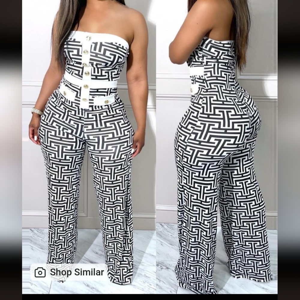 1481 ChicMe Geometric Print Button Decor Tube Jumpsuit Size Medium